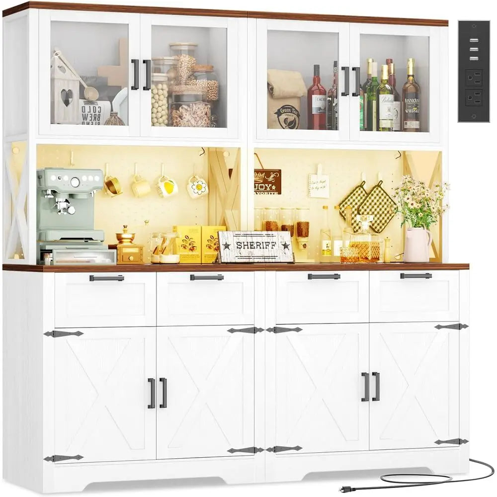 63" W LED-Lit Pantry Cabinet W/Outlet & Countertop