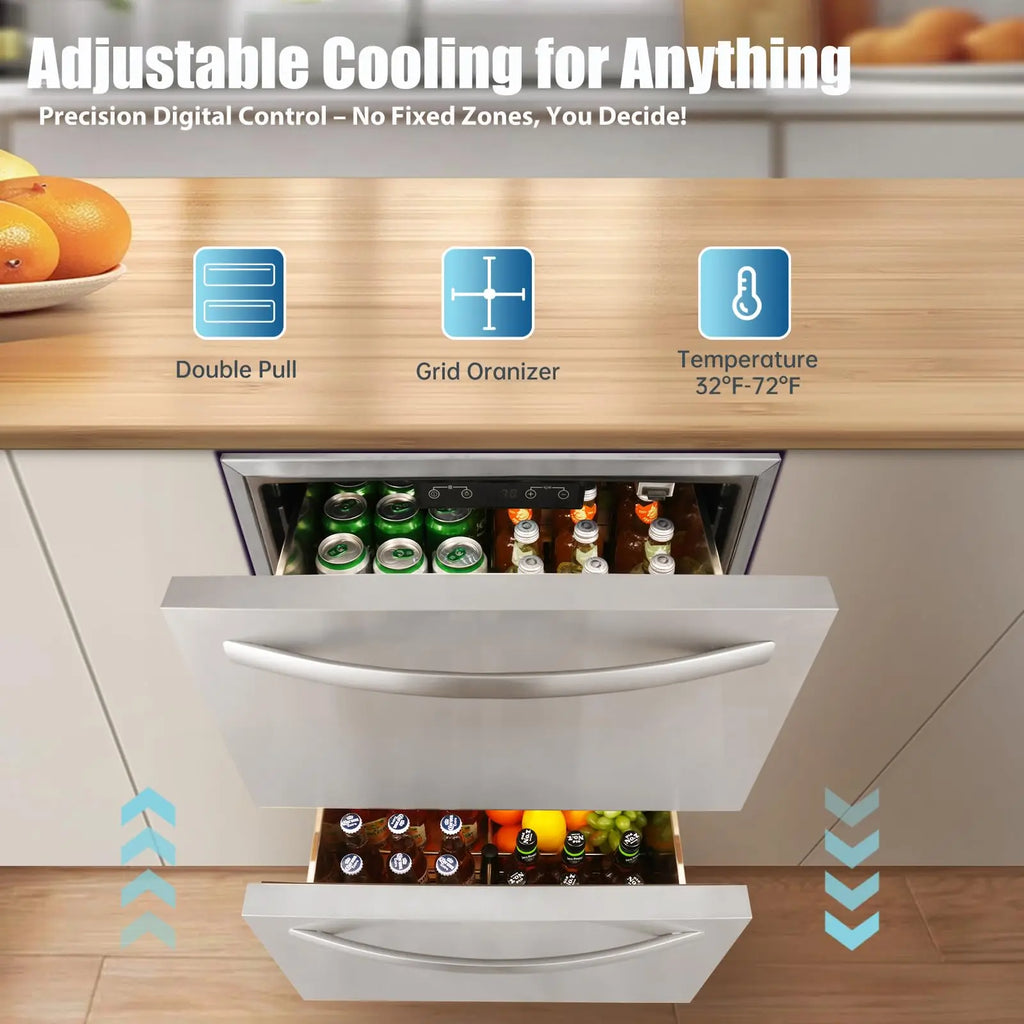 24" Under Counter Double Drawer Fridge Stainless