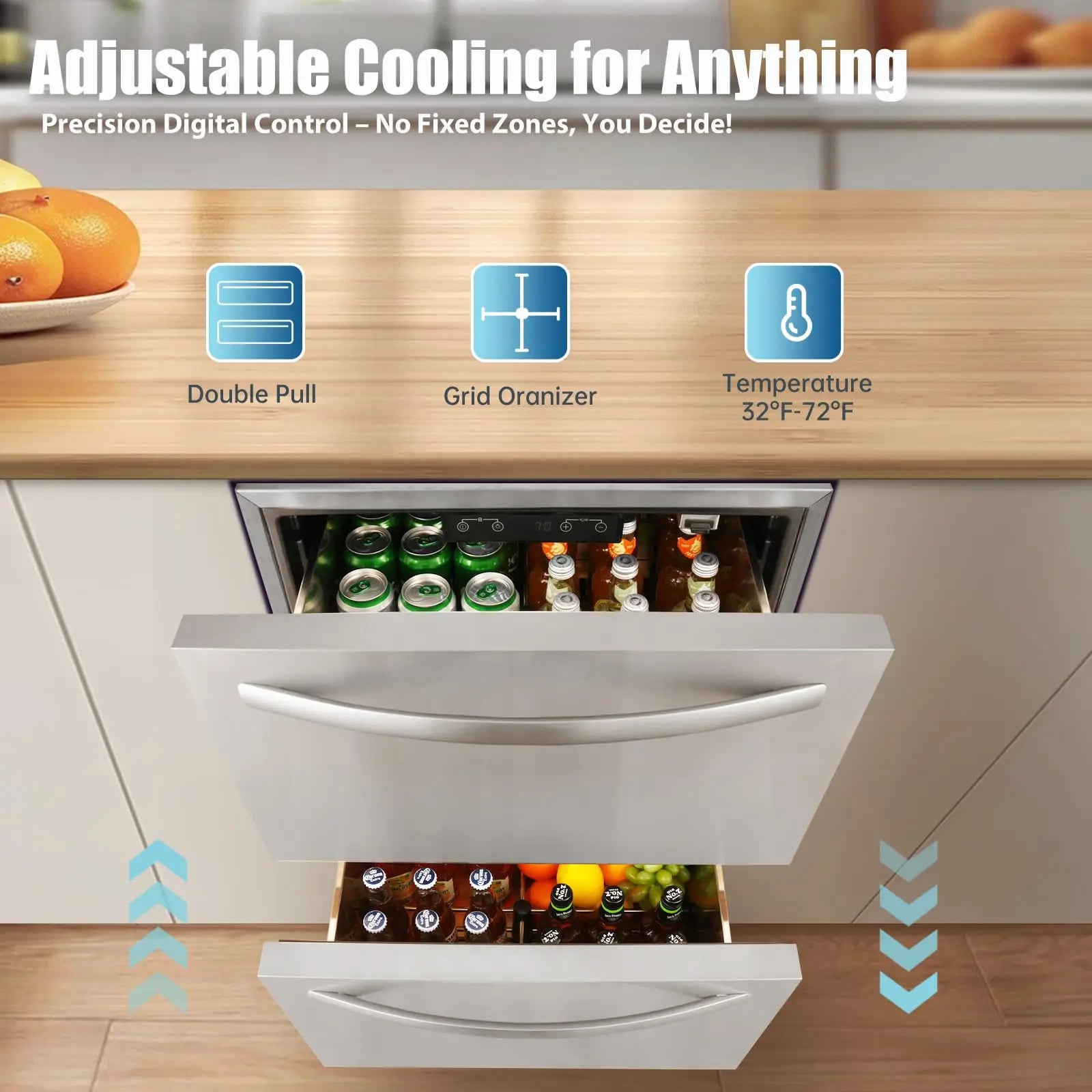 24" Under Counter Double Drawer Fridge Stainless