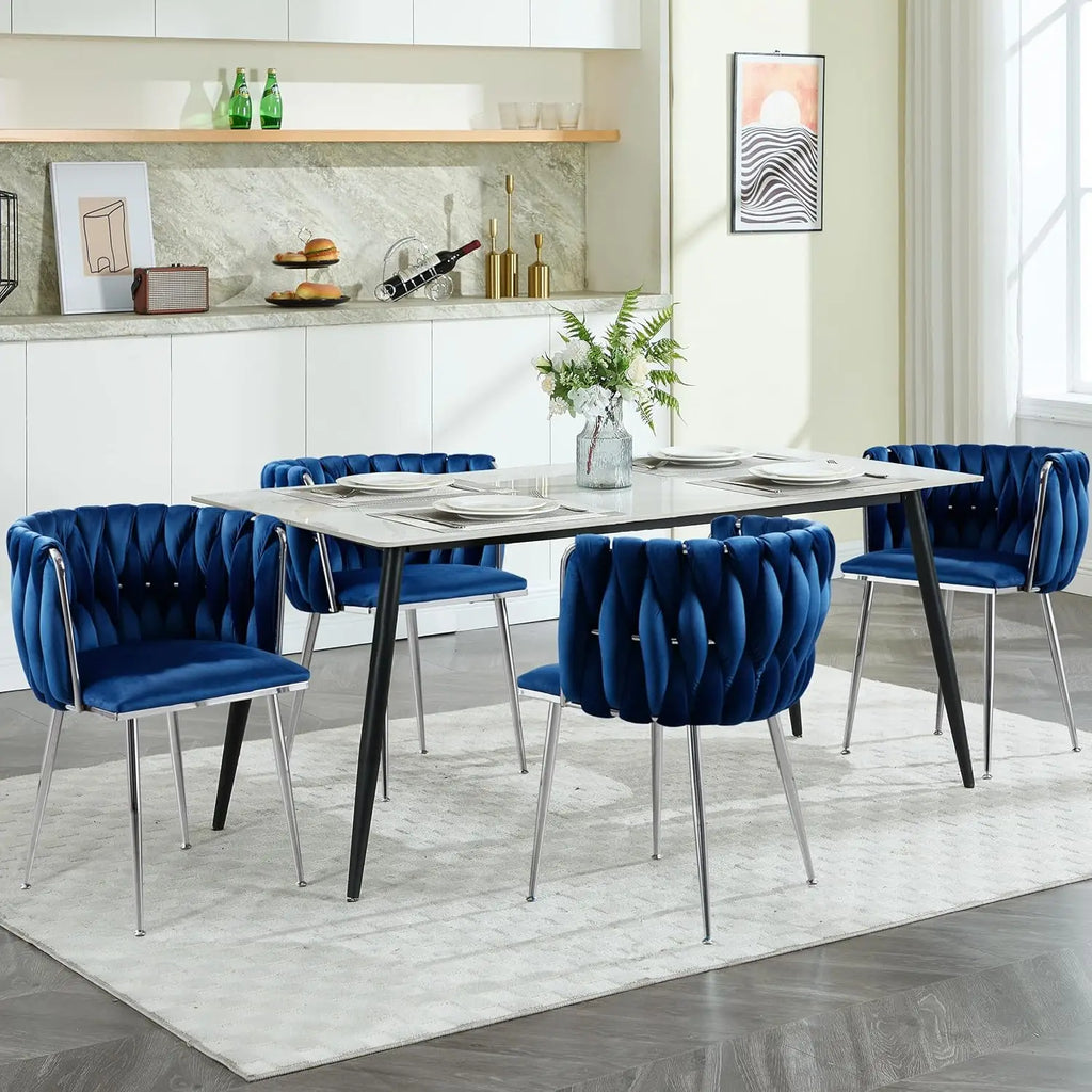 4 Navy Blue Velvet Upholstered Silver Legs