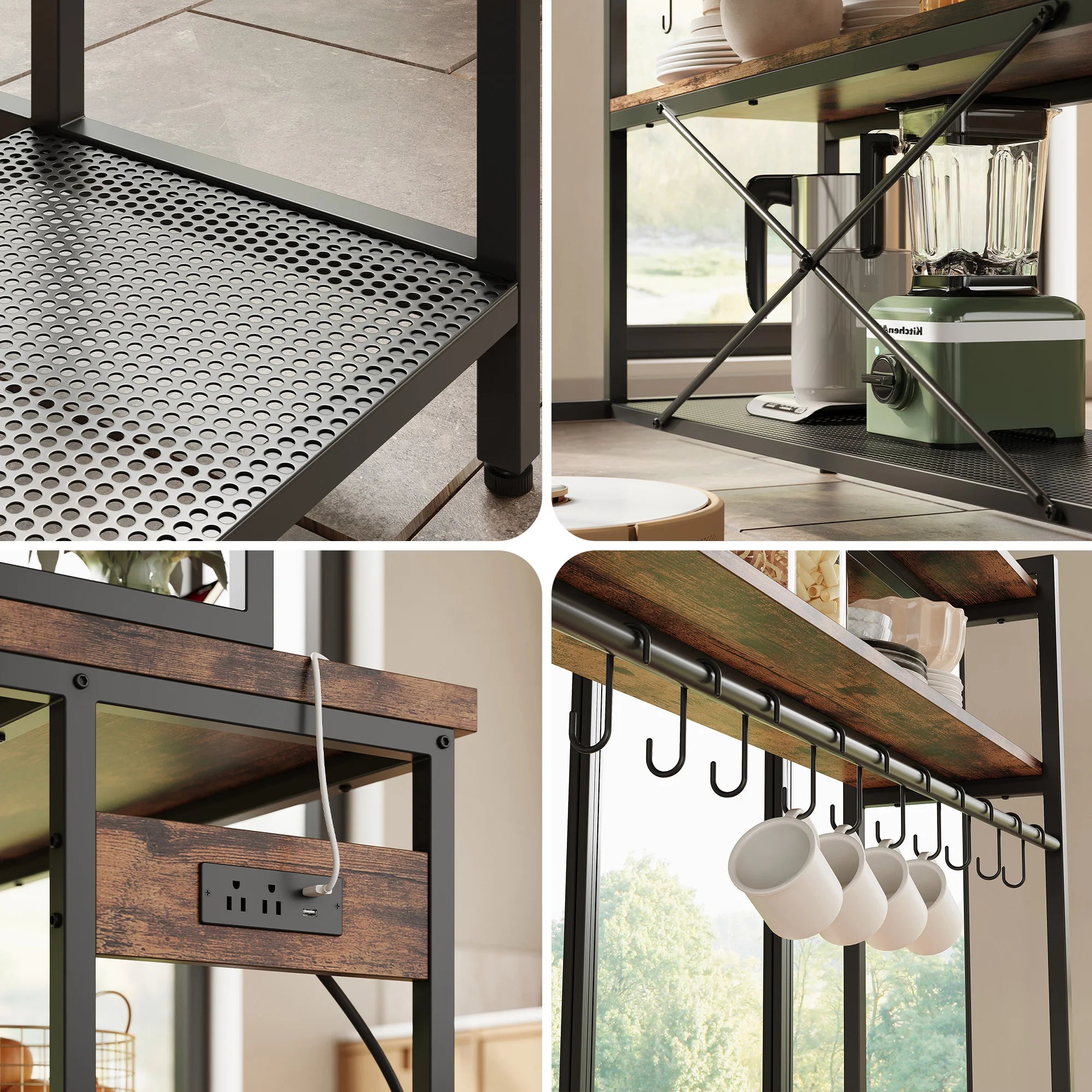 Island w/Stools, Bakers Rack w/Storage Power Outlet