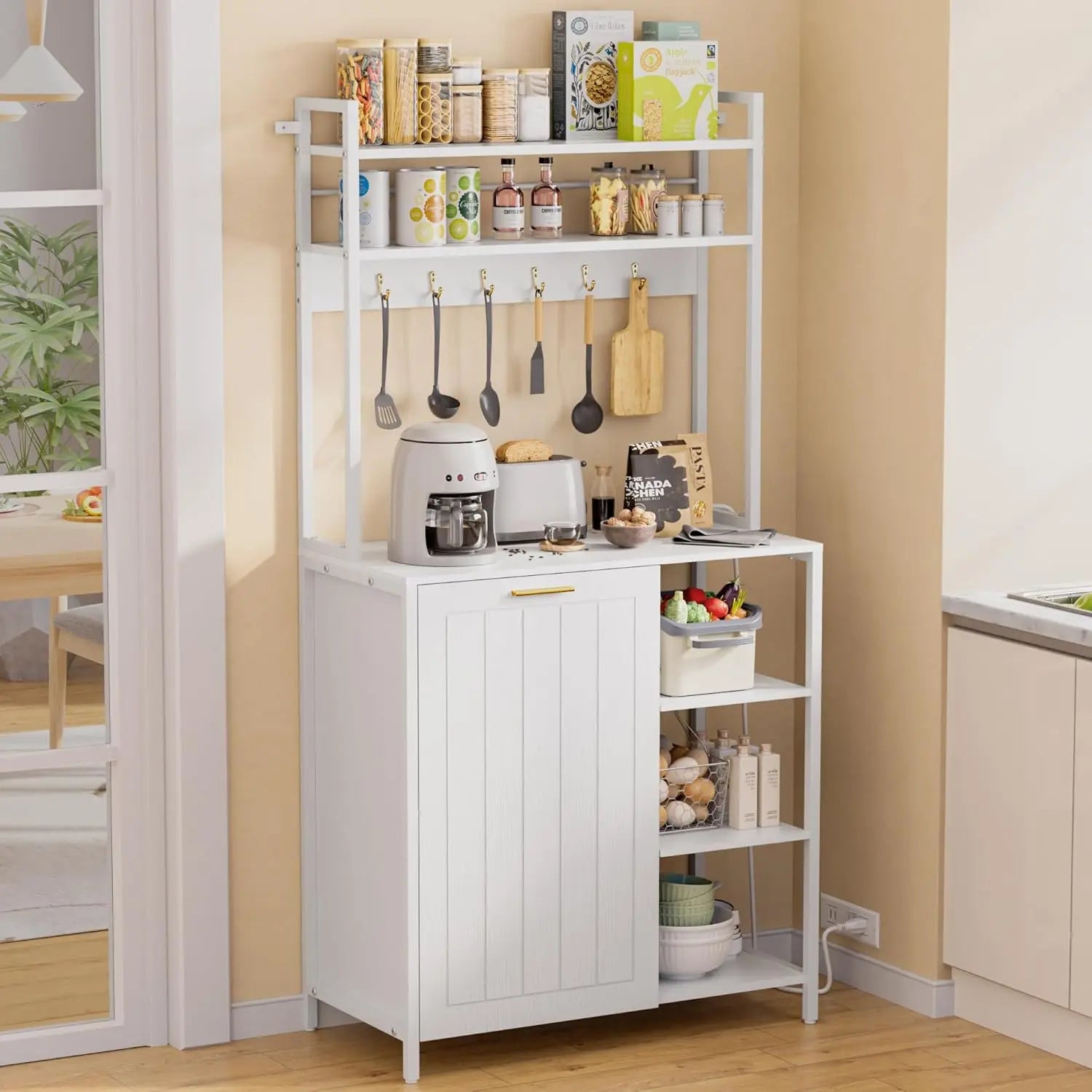 Bakers Rack W/Trash Can Storage/MW Stand, Outlet