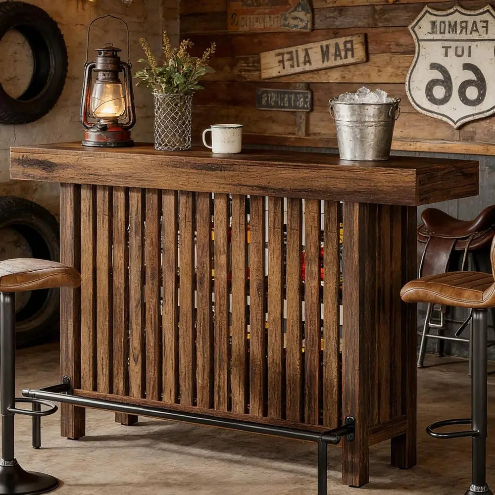 63" Rustic Brown Bar w/2-Tier Storage 42"H