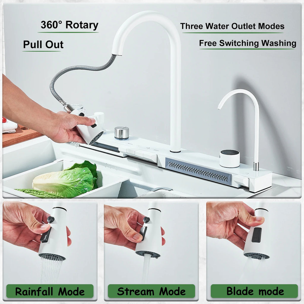 White Stainless Waterfall Digital Display Faucet