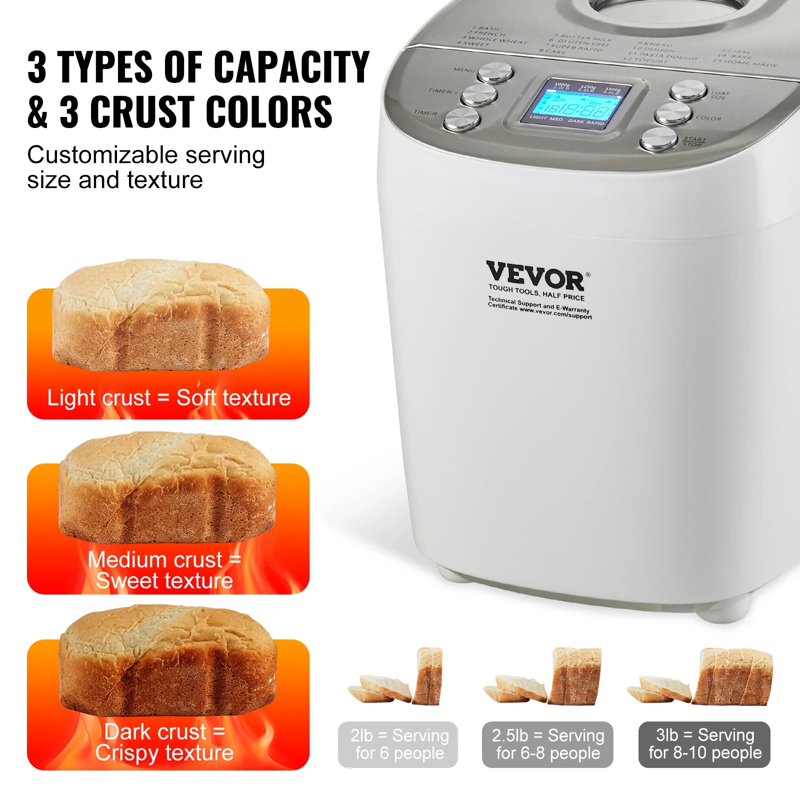 2/3 LB Bread Maker 15-in-1 Dough Machine