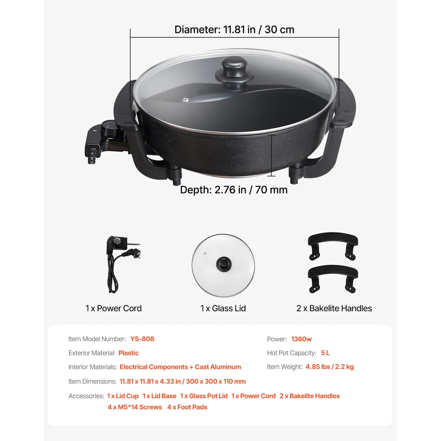 Electric Hot Pot 5 L Double Glass Lid