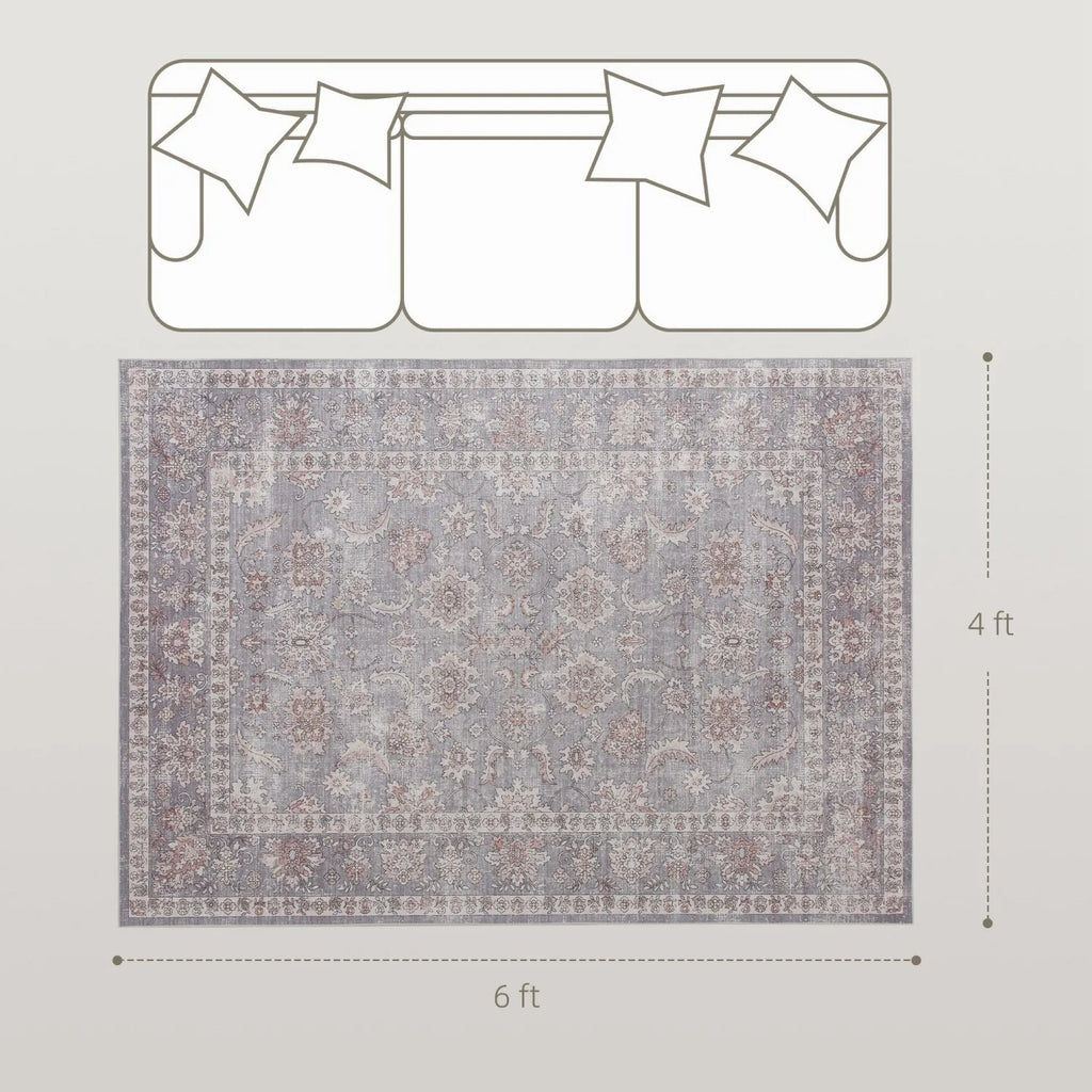 4x6 Washable Traditional Flowers Grey/Brown