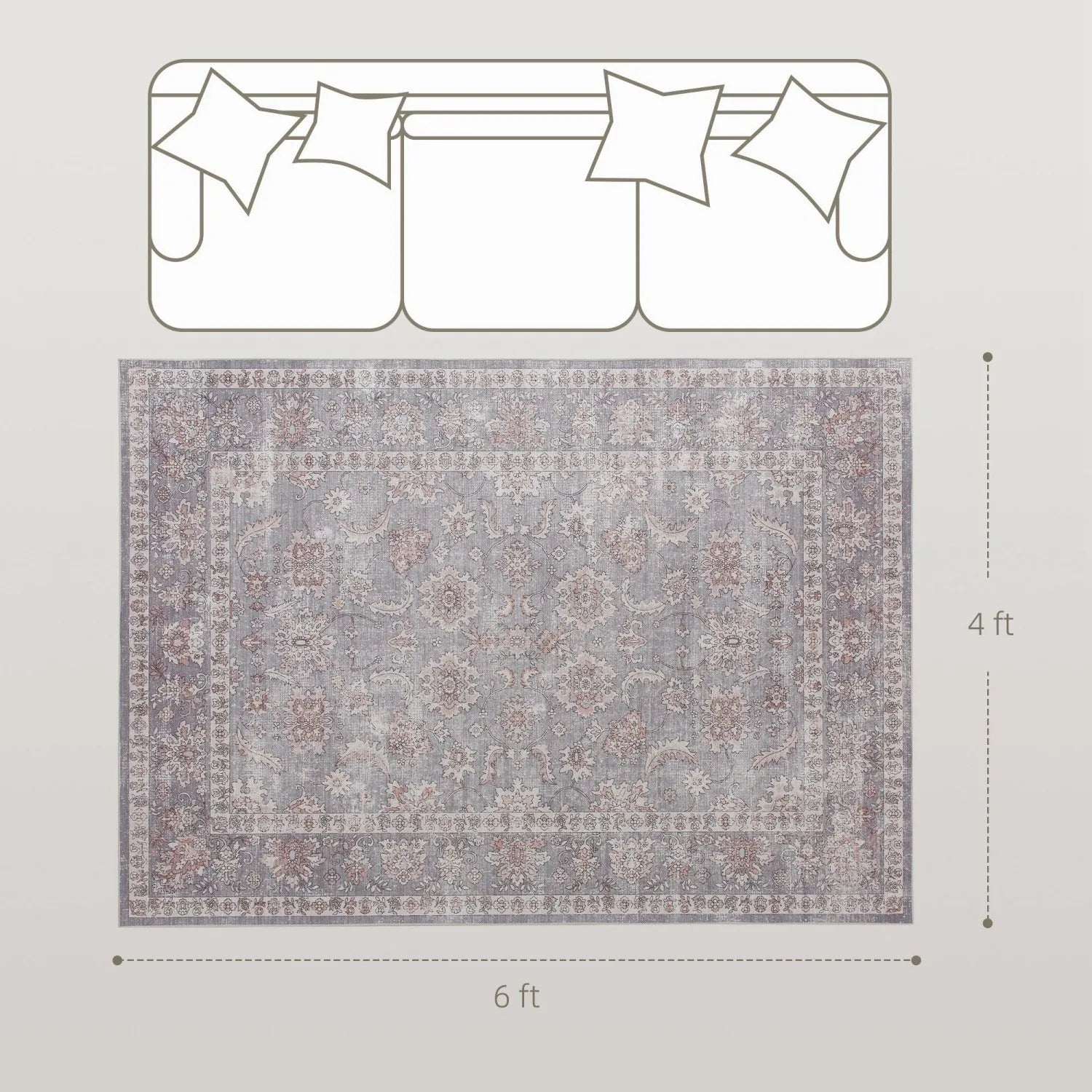4x6 Washable Traditional Flowers Grey/Brown