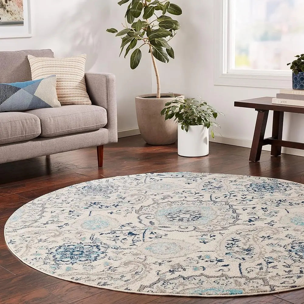 6'7" Round, Cream Light Grey Boho