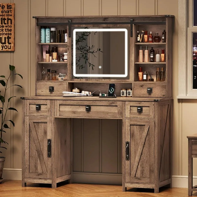 Farmhouse Vanity Desk with Light and mirror