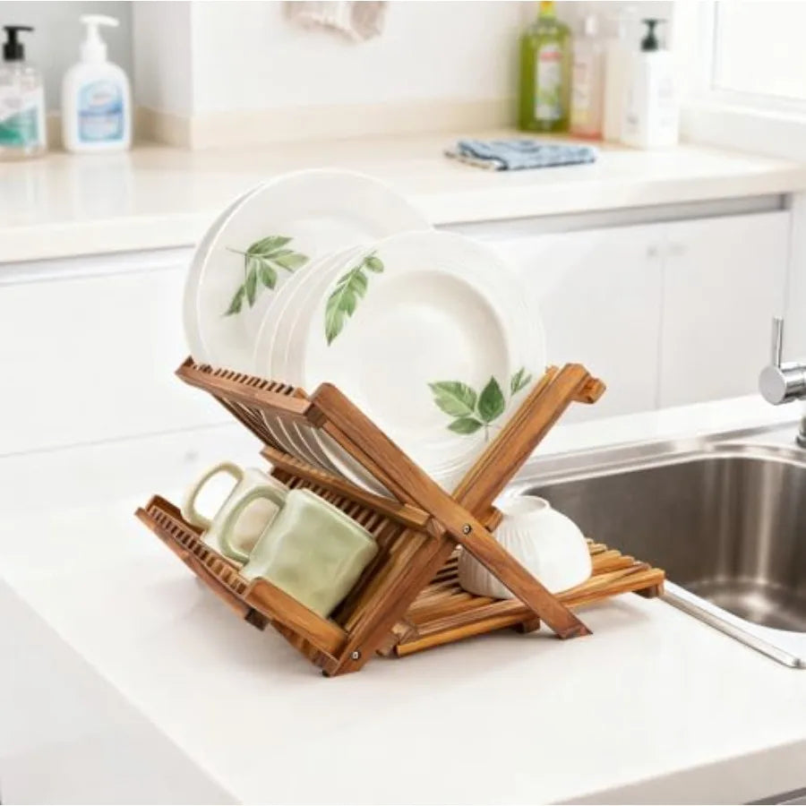 3 Tier Collapsible Teak Wood Dish Rack