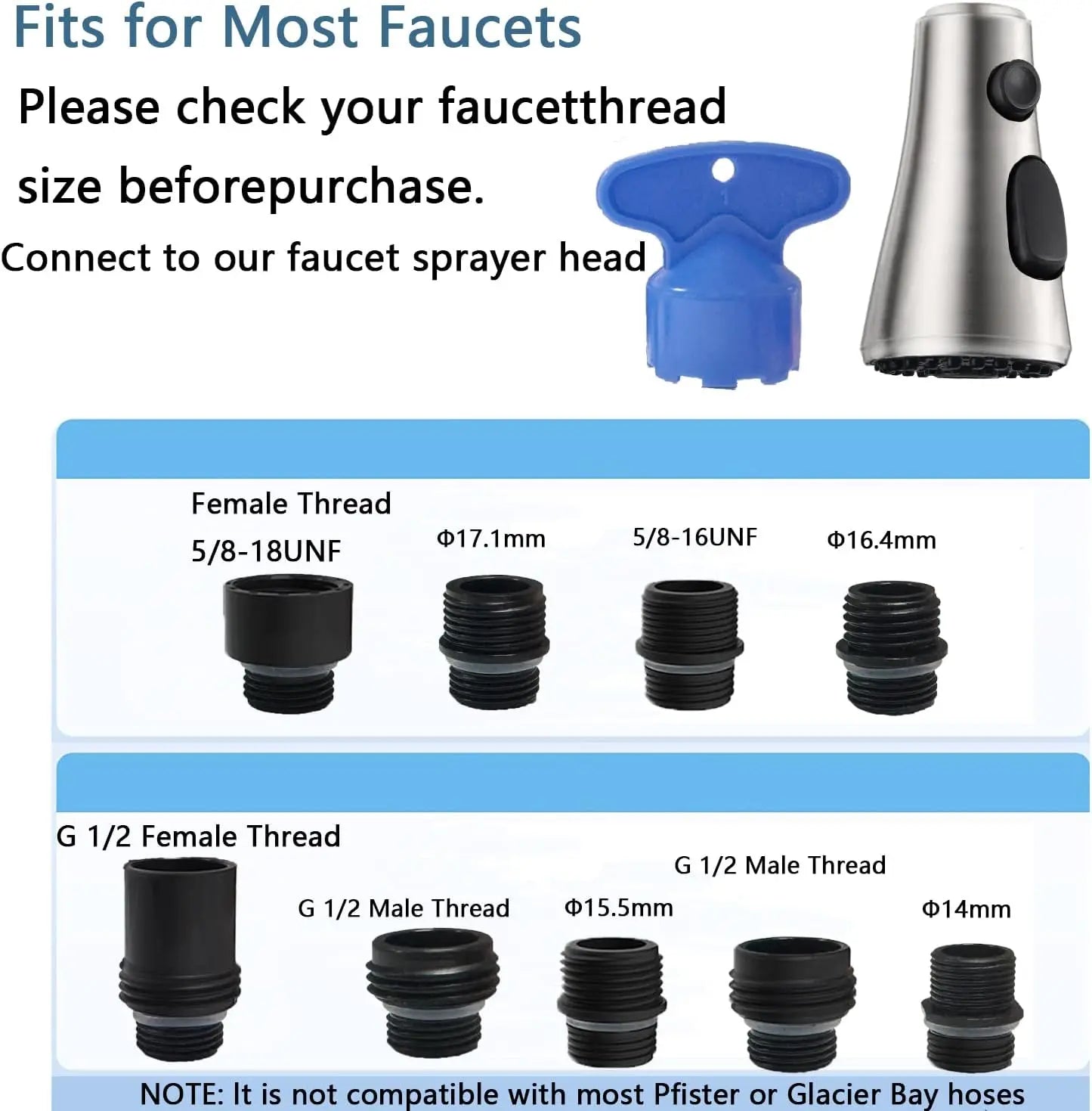 Pull Down Spray Head 3 Modes W 9 Adapters,