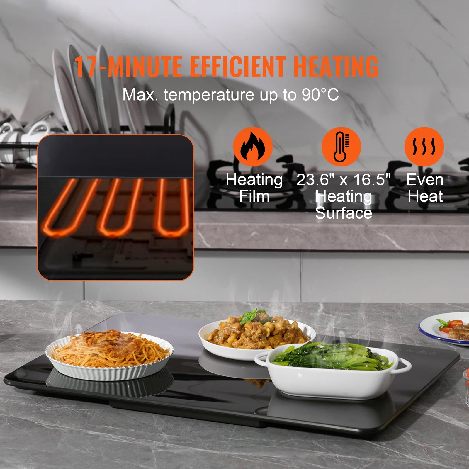 Warming Tray 16.5"x 23.6"/11" Portable Tempered Glass