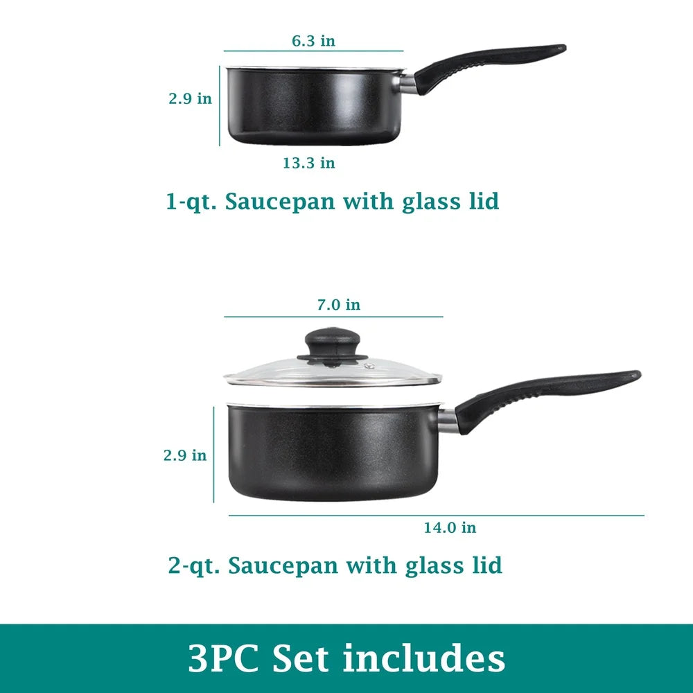 3 Pcs Non-Stick Sauce-Pans 1Qt 2Qt Pots