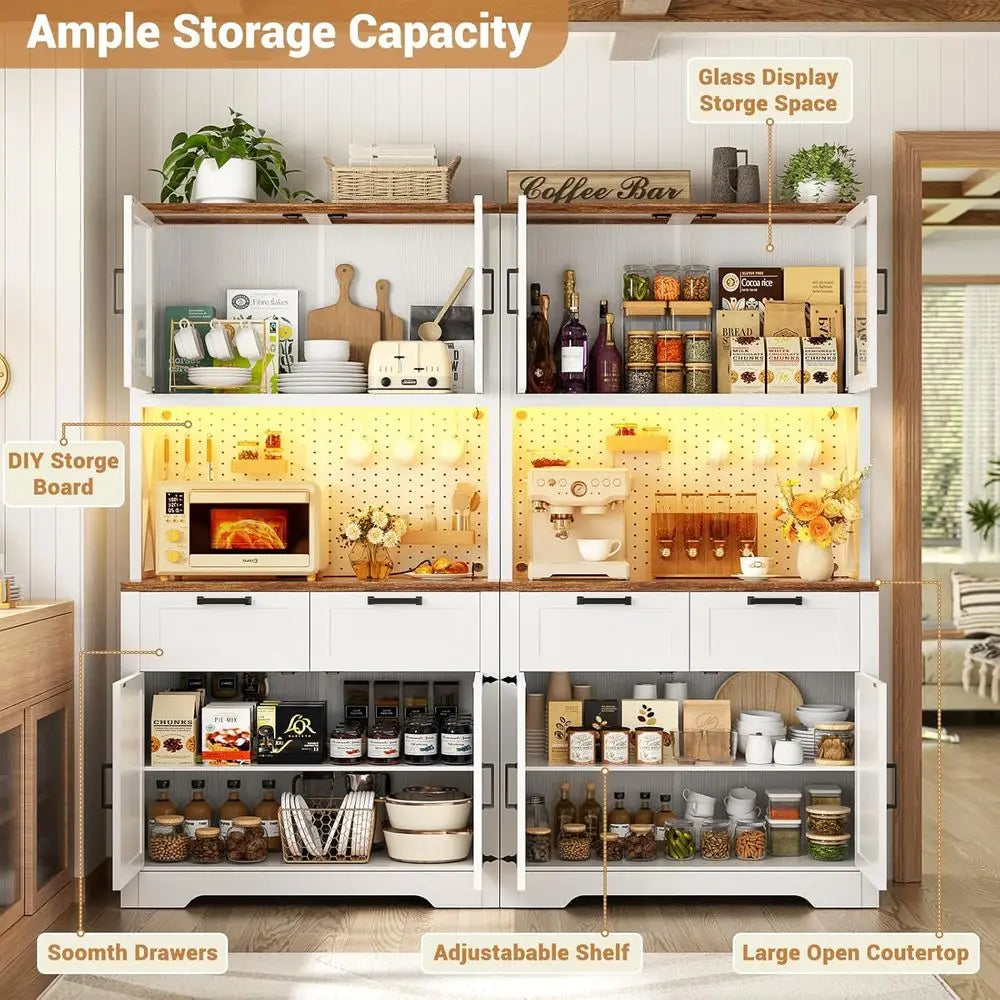 63" W LED-Lit Pantry Cabinet W/Outlet & Countertop
