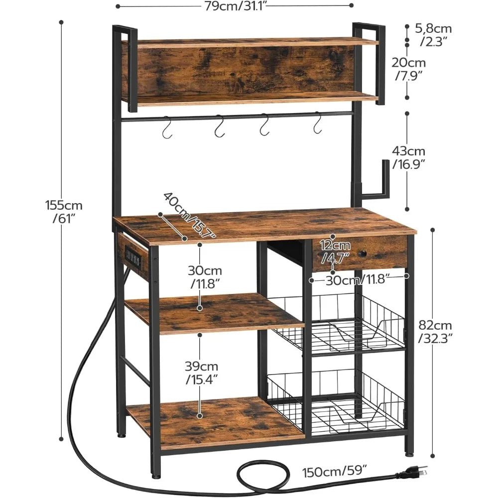 Bakers Rack W/4 Outlets/5-Tier Coffee Bar/MW Stand