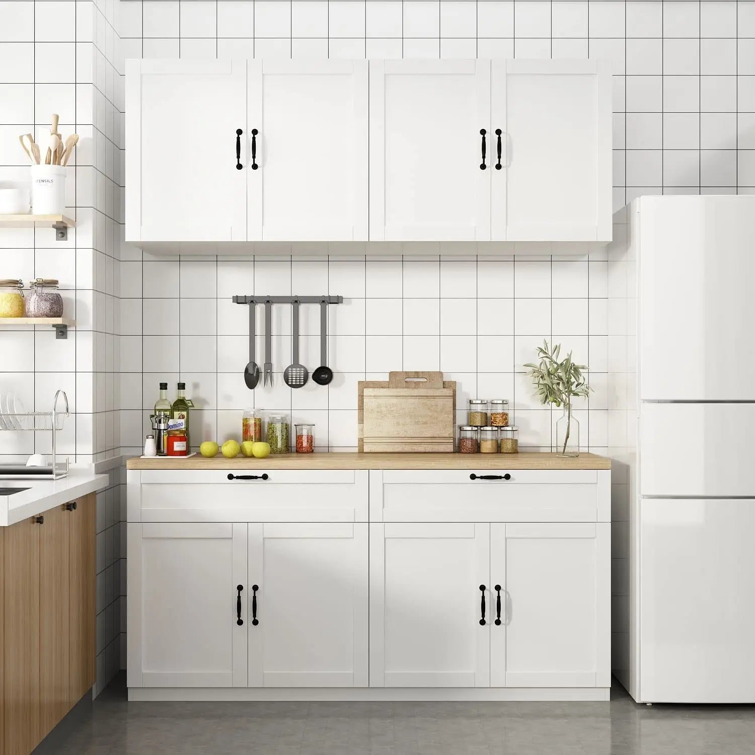 Wall-Mounted Pantry W/Countertop/Drawers/Doors/Wall Cabinets