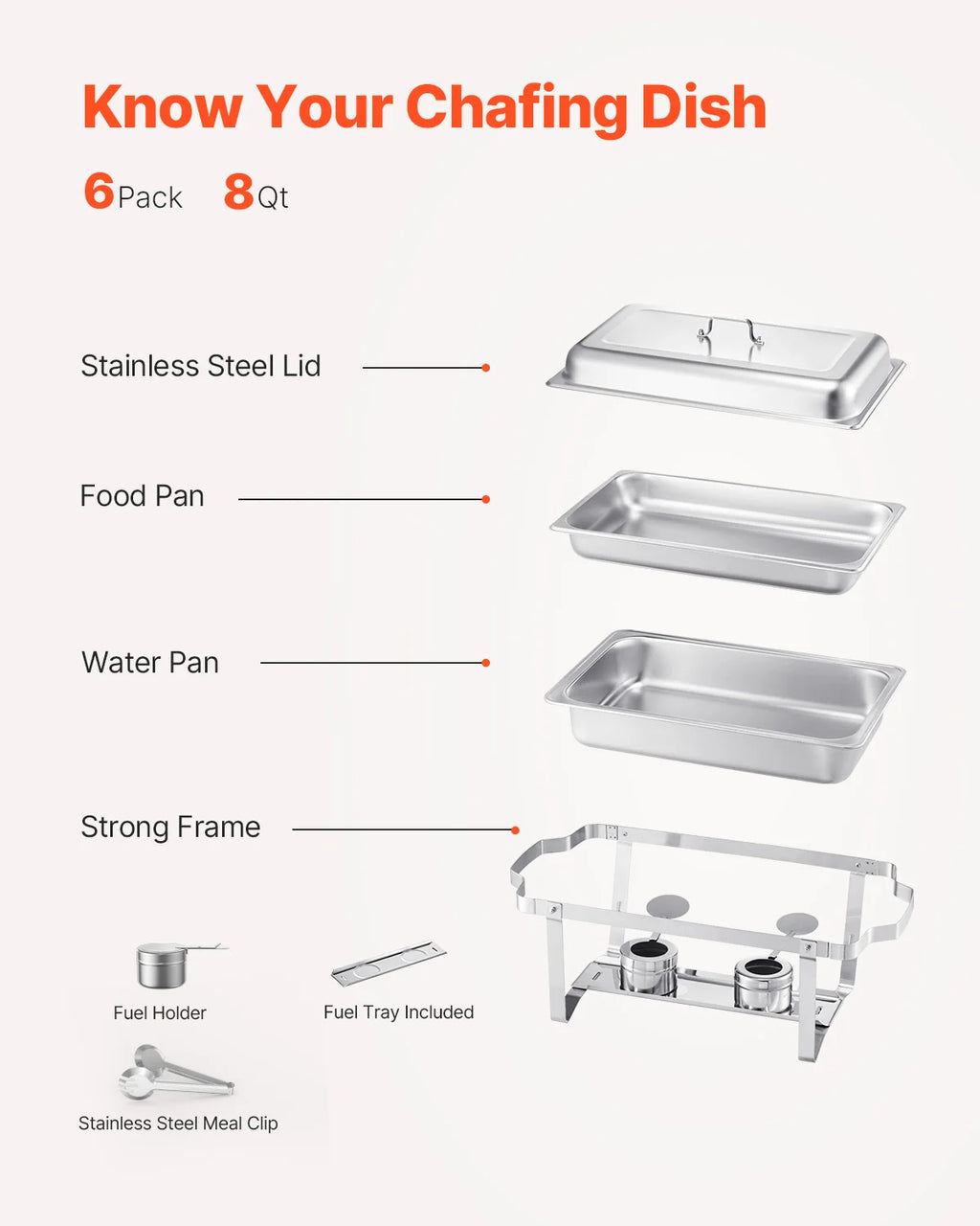 8 Qt 4/6 Pack Chafing Dish Buffet Set Stainless