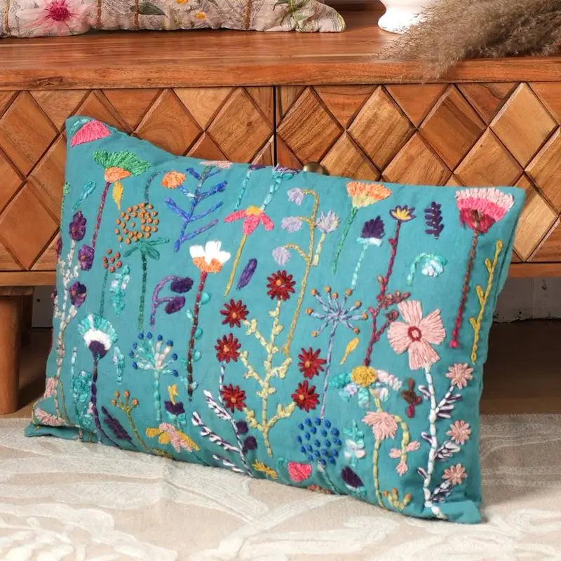 Teal Blue Cotton Embroidered 16x24