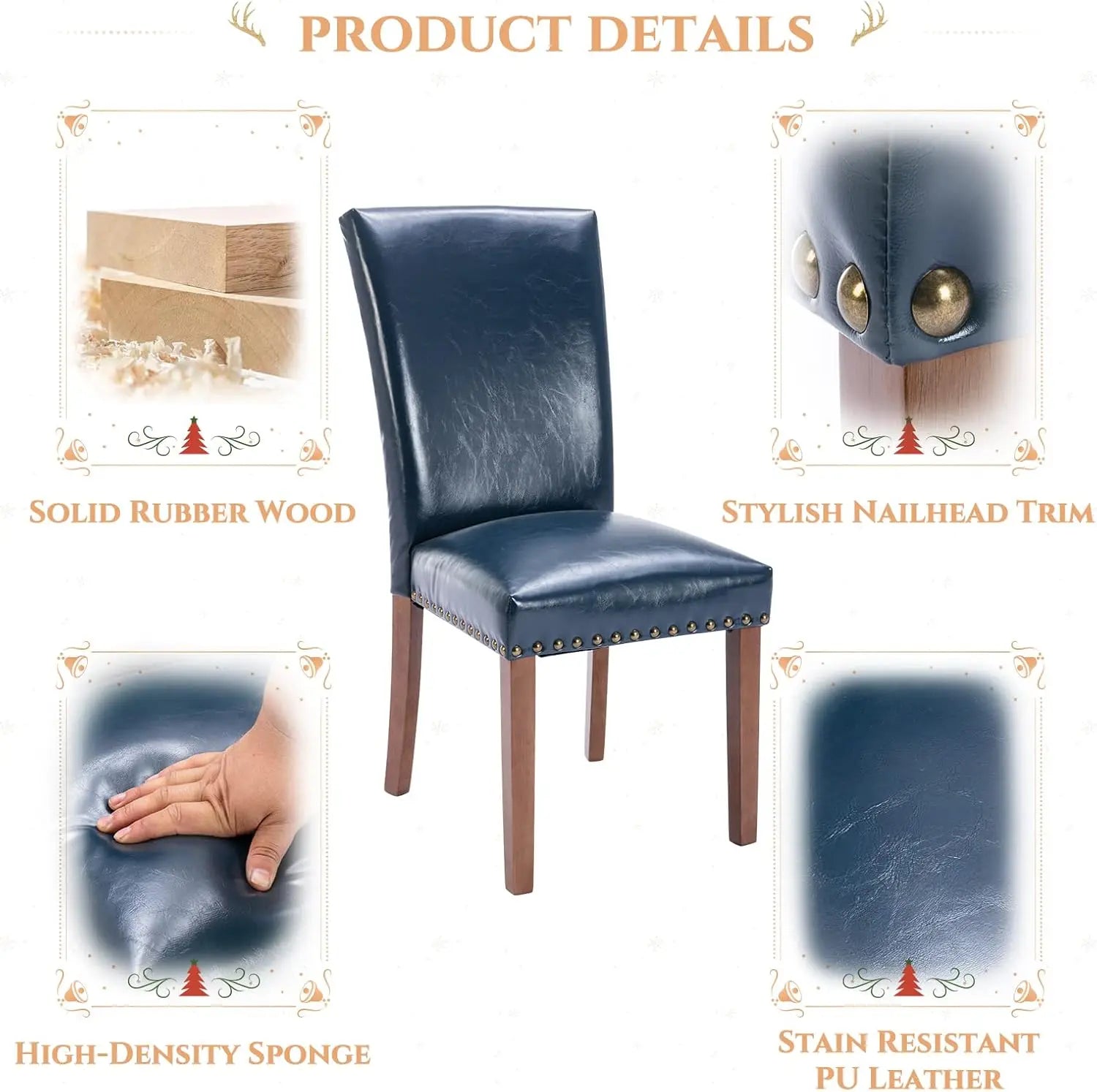 4 Blue Upholstered Nailhead PU Leather