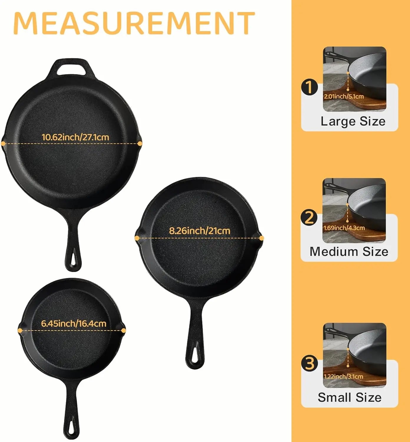 3-Piece Cast Iron Skillet Set, Pre-Seasoned Professional