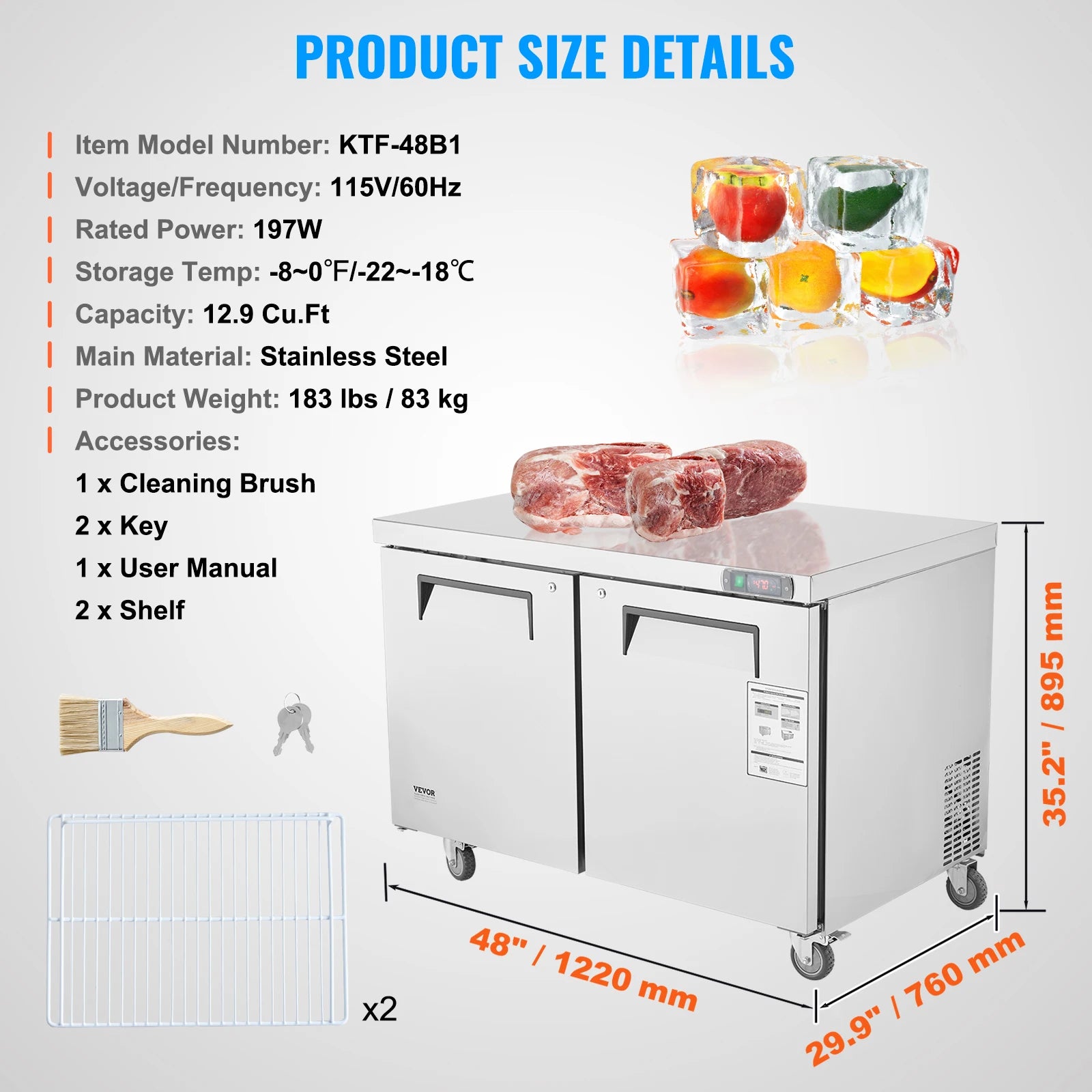 7.4 CF Commercial Frozen Refrigerator Sandwich/Salad Prep Table