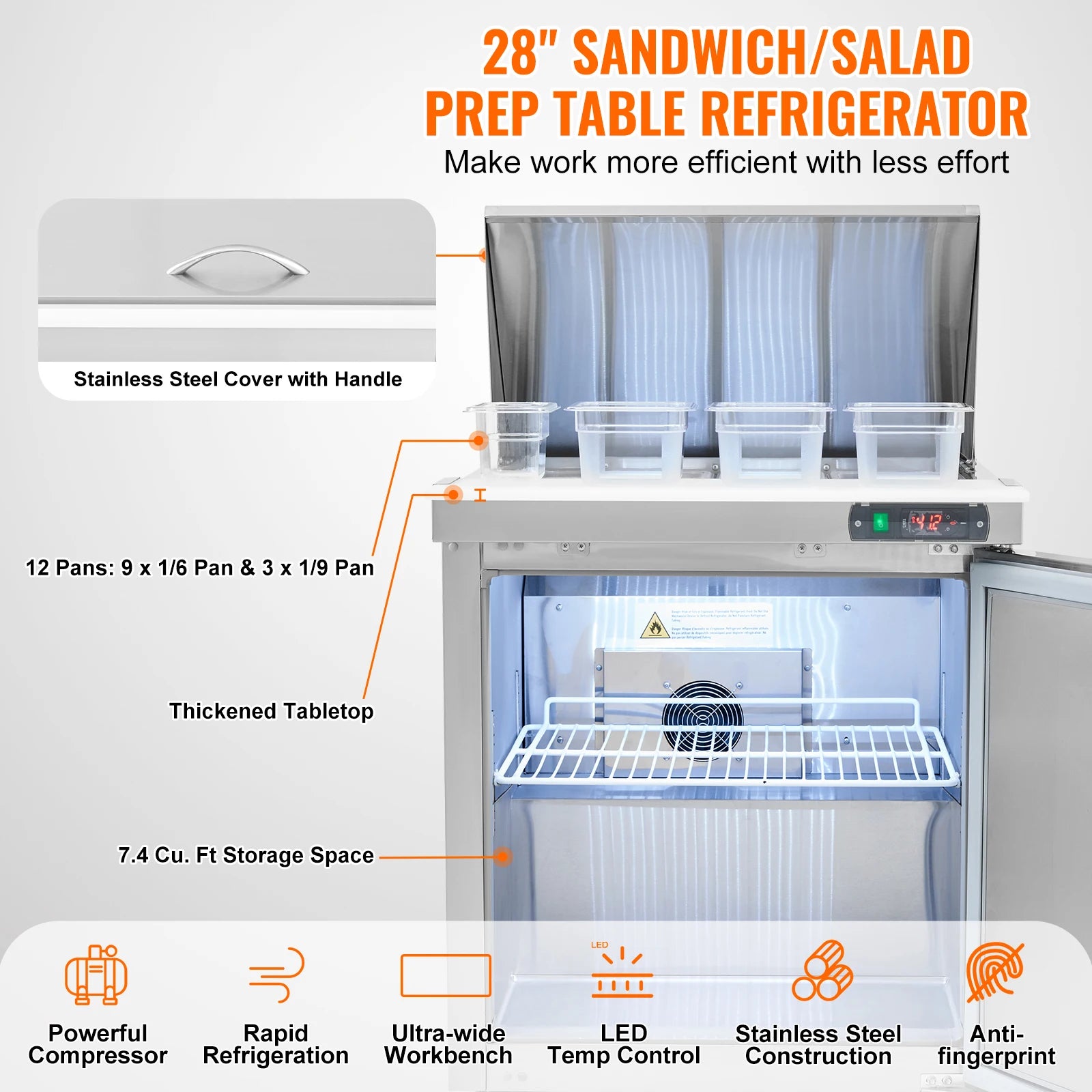 7.4 CF 28" Commercial Refrigerator Sandwich/Salad Prep Table