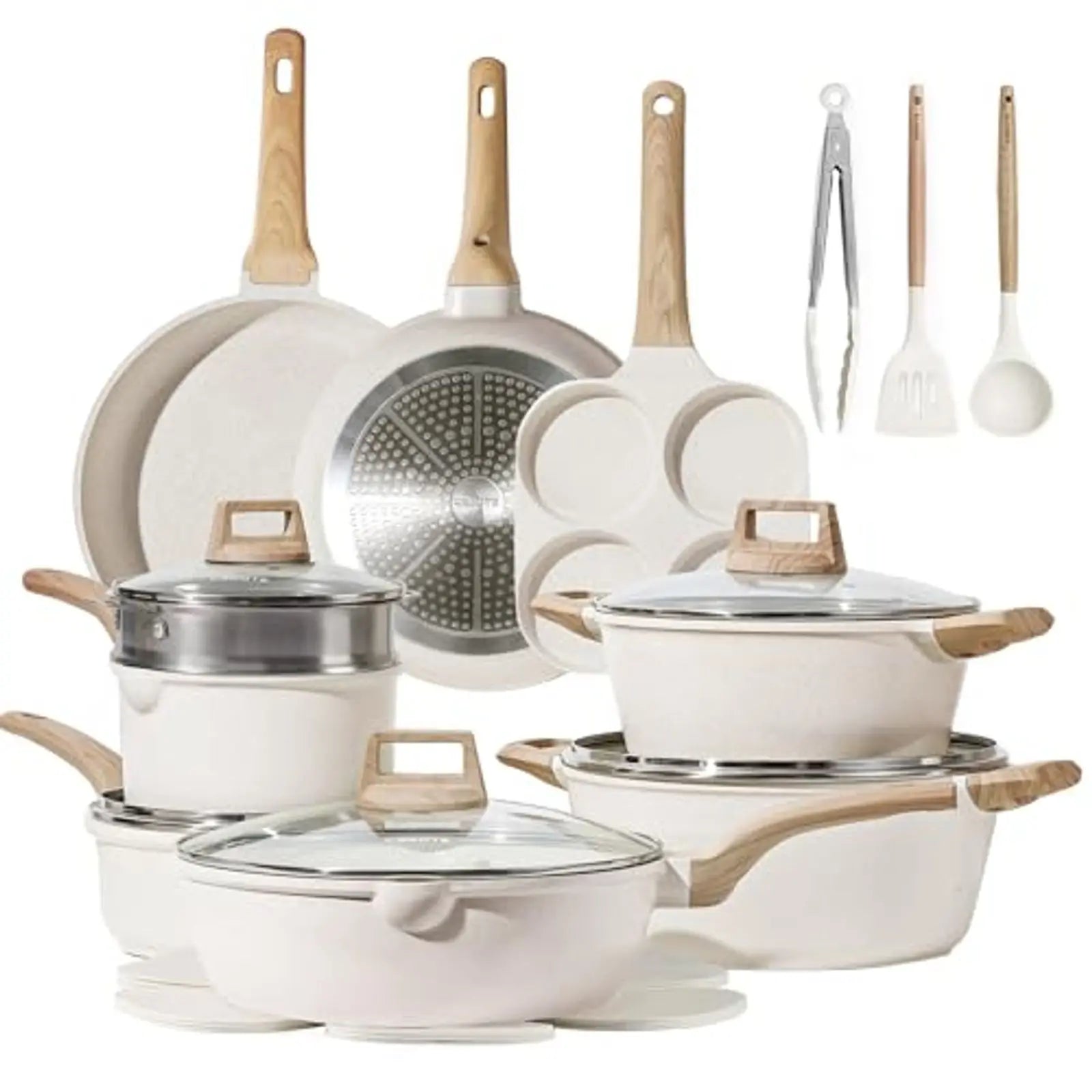 21Pcs Induction Cookware Set Nonstick White Granite