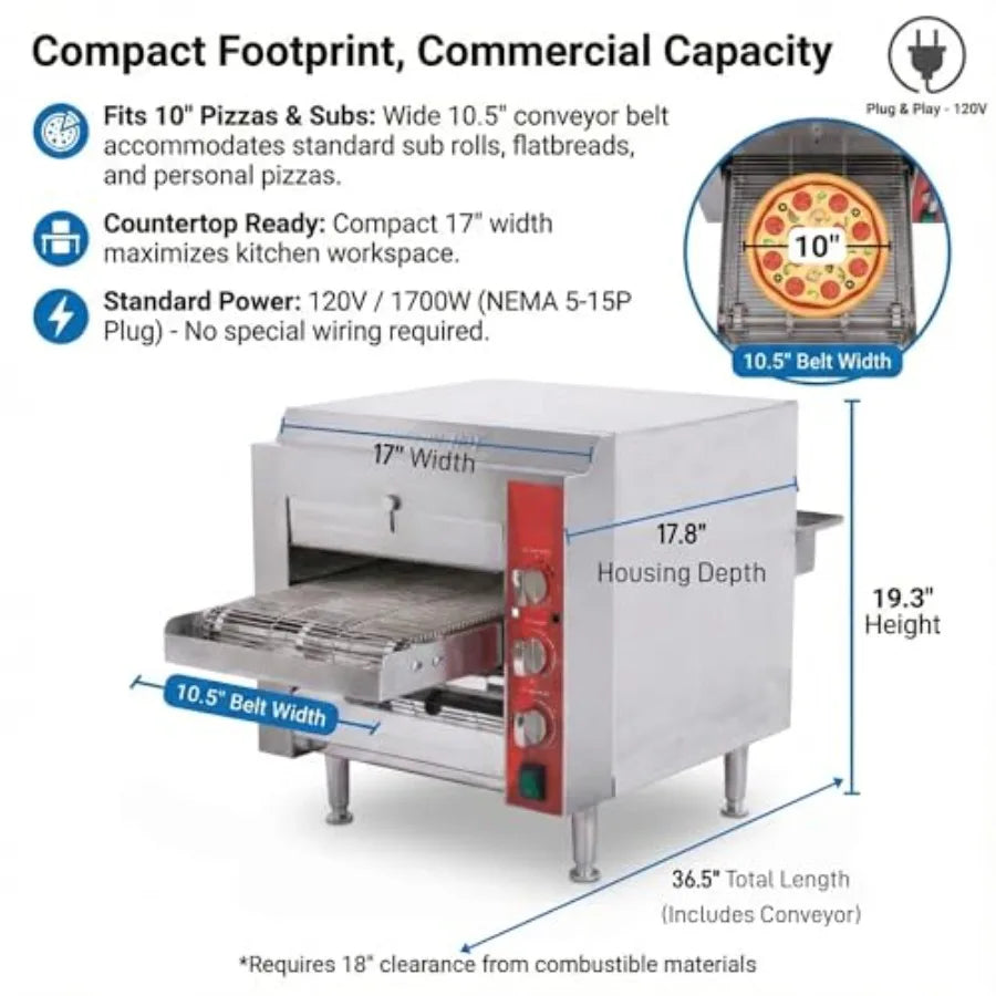 10.5 Commercial Conveyor Pizza Oven 1700W 120V Countertop