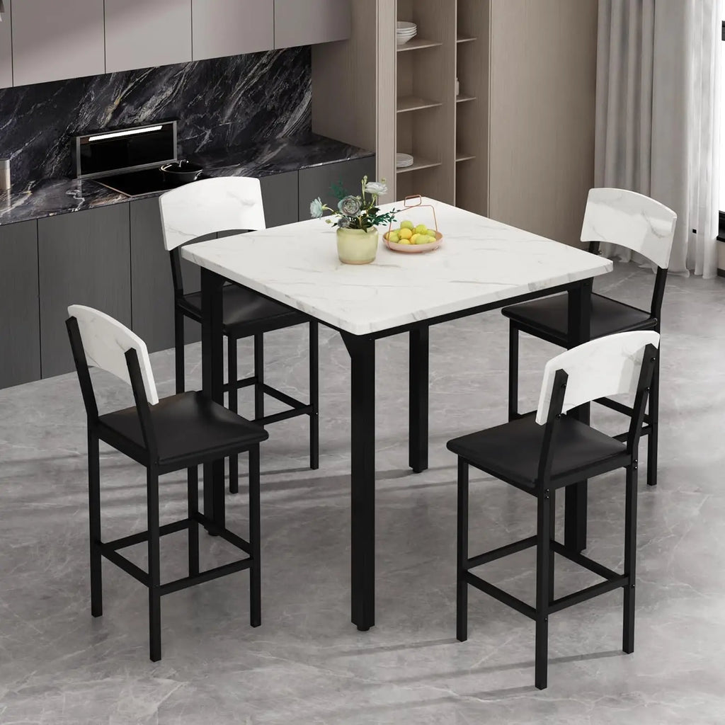 35.43" Counter Height Set Marble/4 Upholstered Bar Stools
