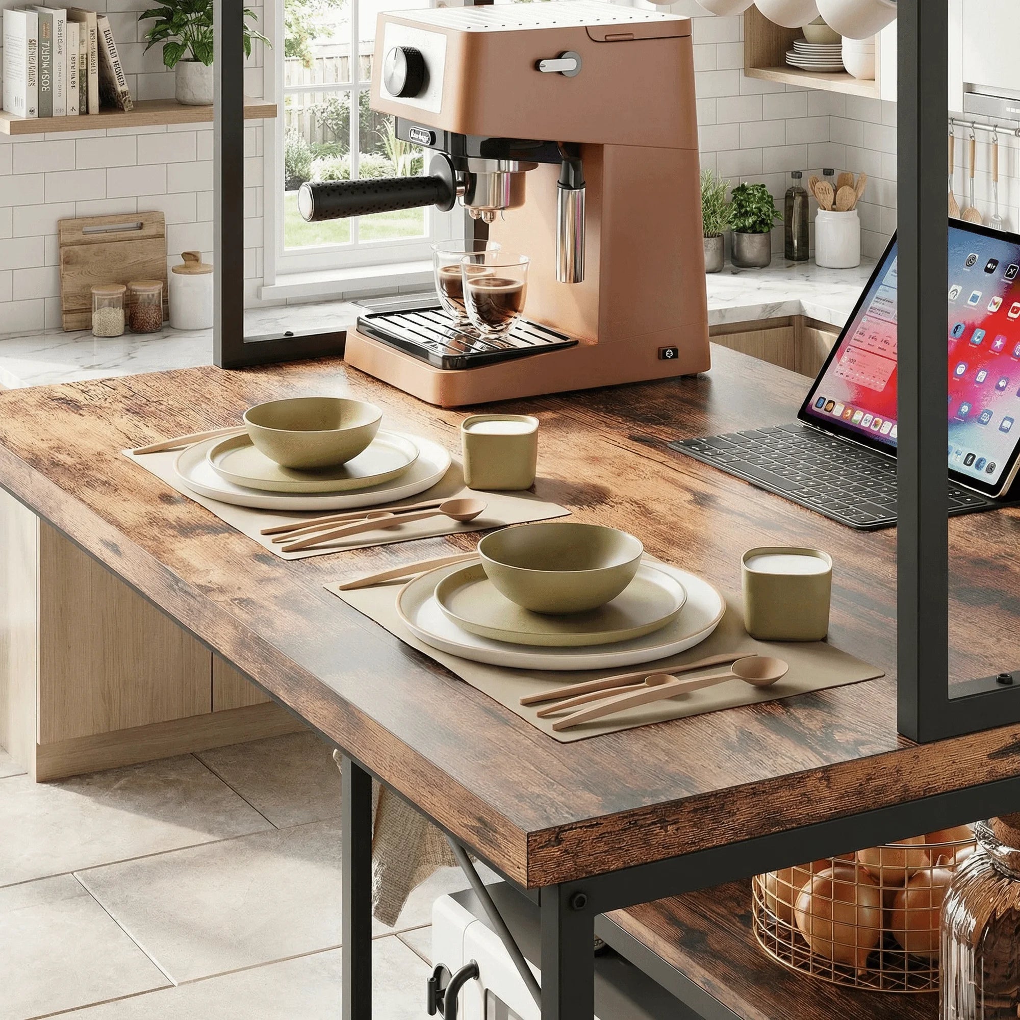 Island w/Stools, Bakers Rack w/Storage Power Outlet