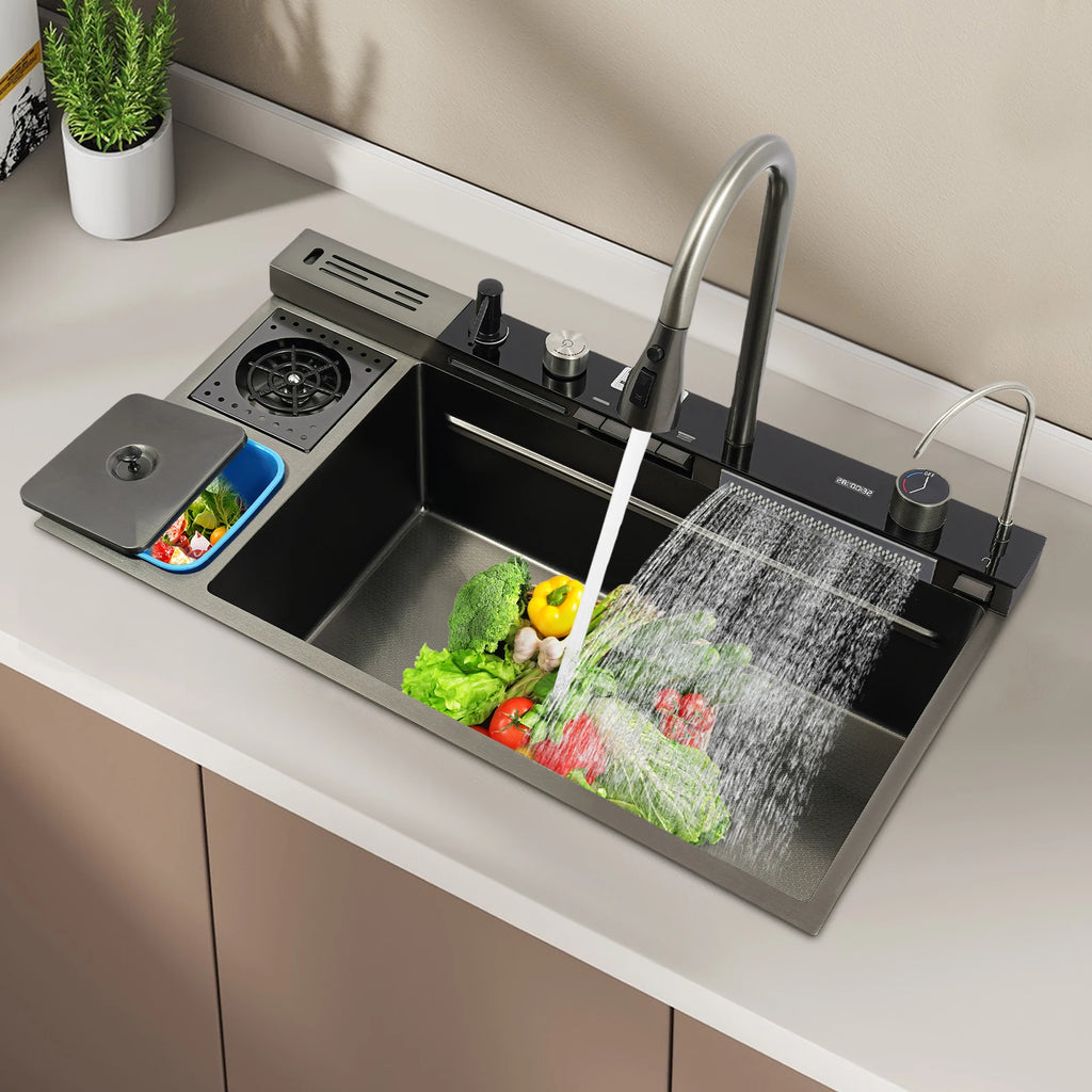 Multifunctional Stainless Digital Display Single Bowl Waterfall