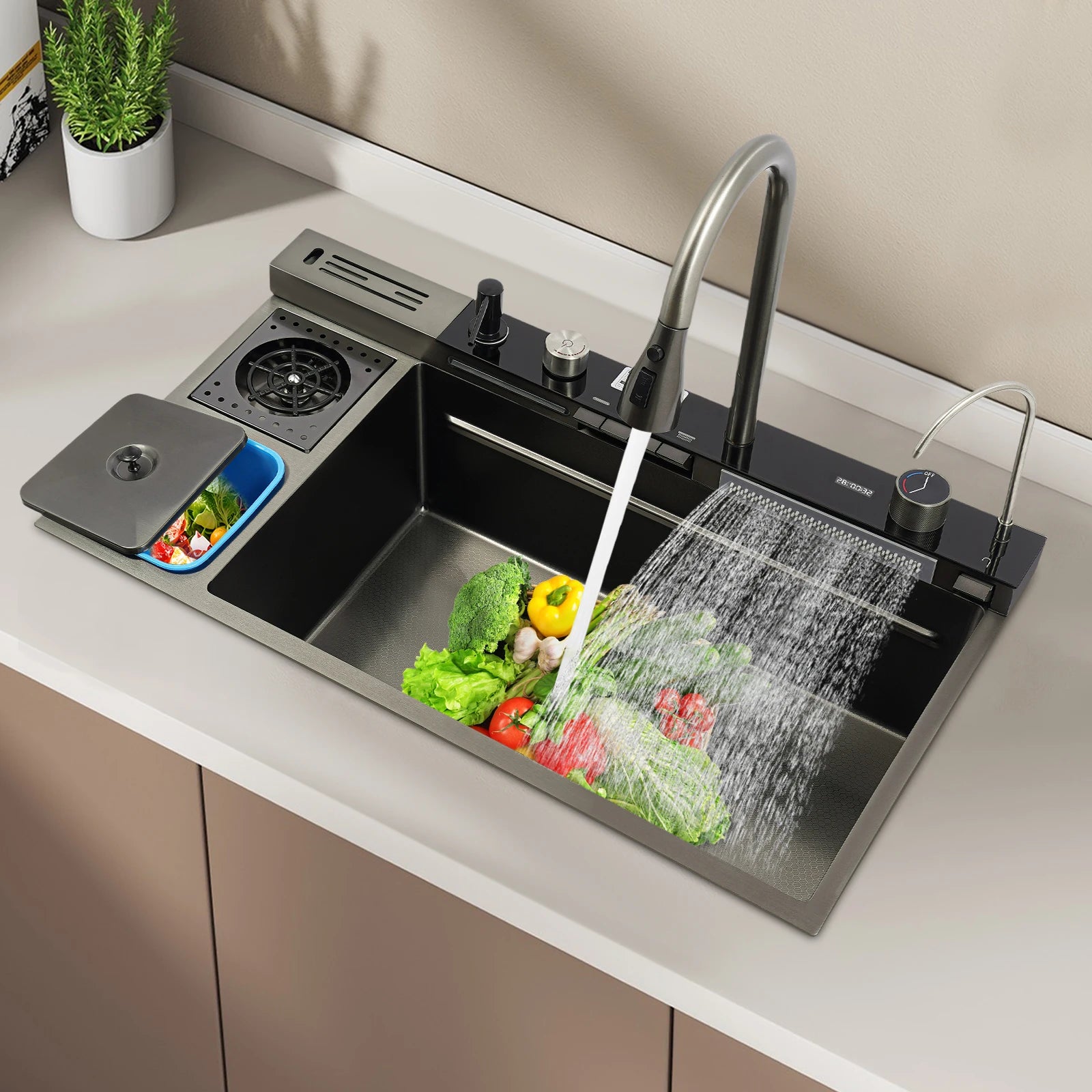 Multifunctional Stainless Digital Display Single Bowl Waterfall