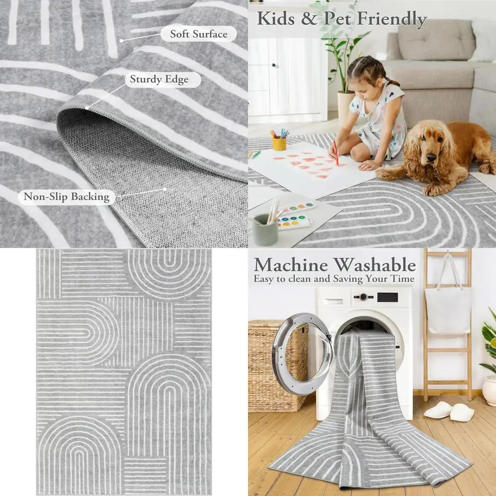 5x7 Gray Washable Geometric Stripe
