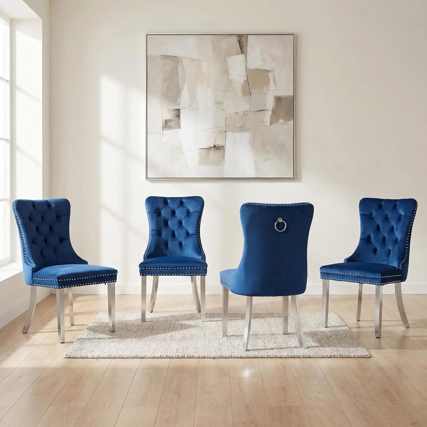 4 Modern Tufted Upholstered Beige Velvet