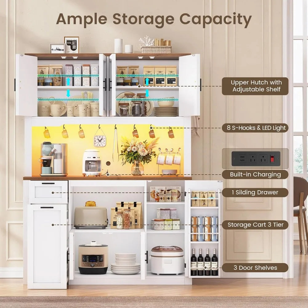 47.2X71" Pantry Cabinet W/Charging Station/LED Light/Microwave Stand,