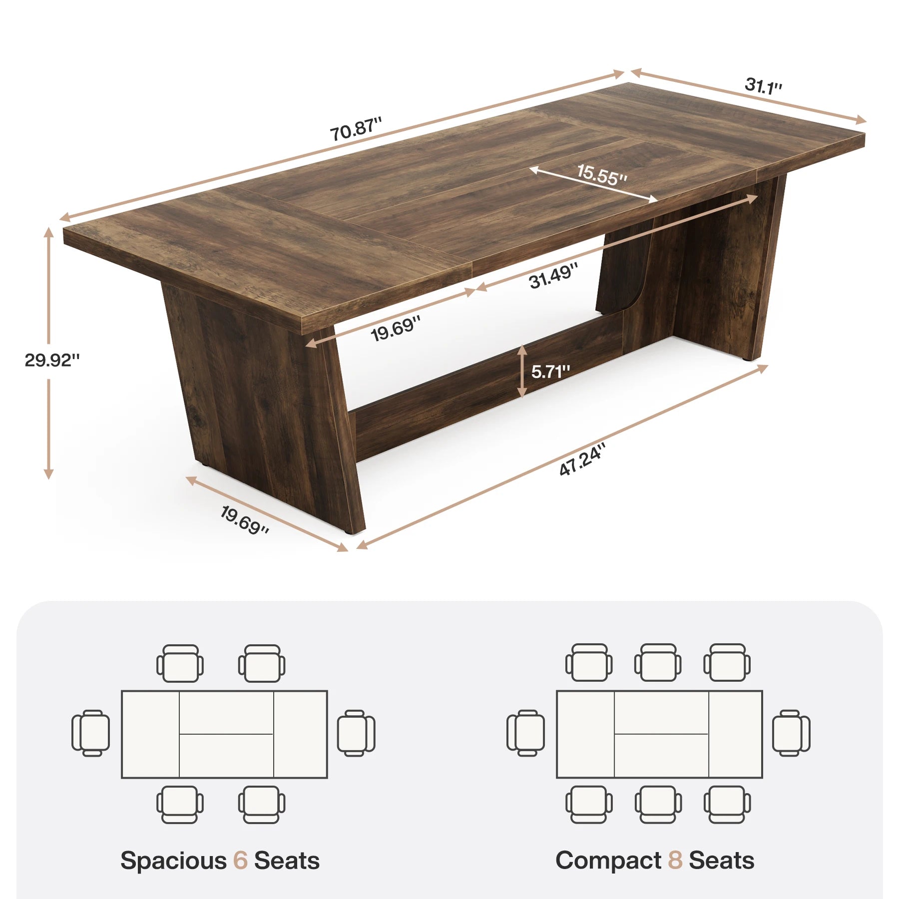 70.87" Large  Wood for 6-8, Rectangular Farmhouse
