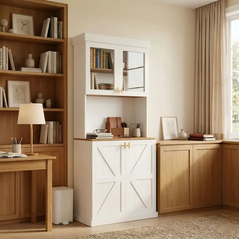 Pantry Cabinet Set of 3, 71" Tall Glass Door Cabinet