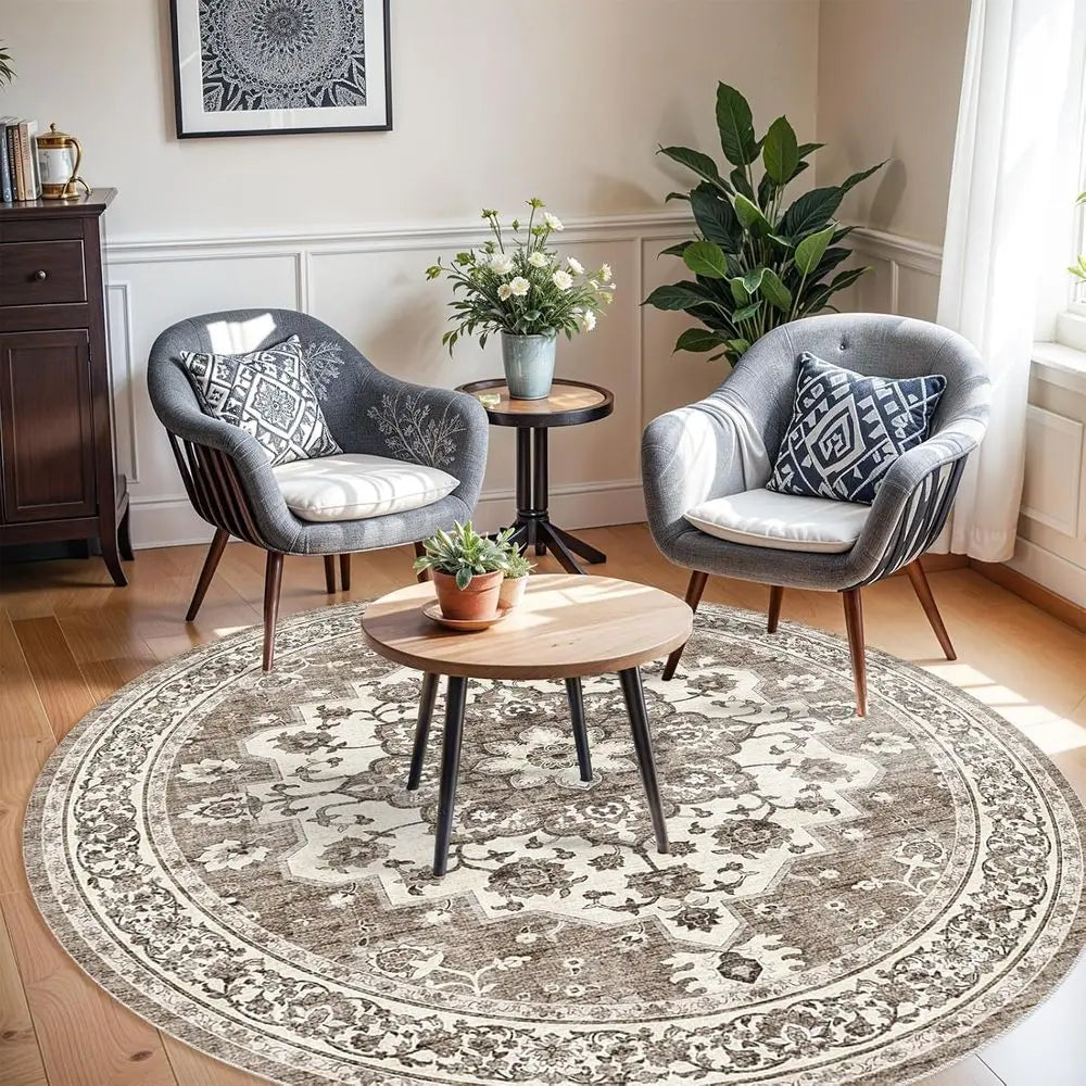 6' Circle Washable Oriental Floral Waterproof
