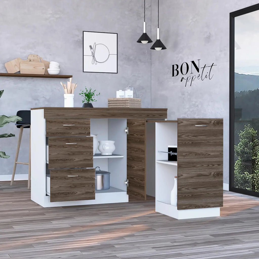 Kitchen Base Cabinet Three Drawers, White/Dark Walnut