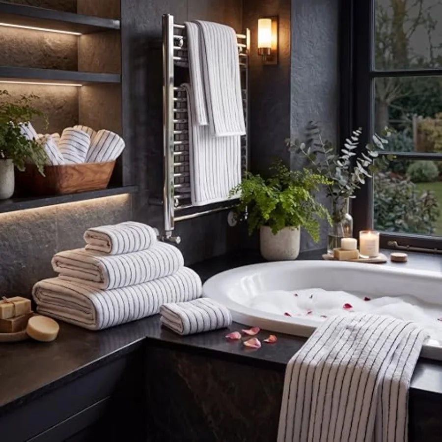Black/White Striped 4 ea Bath & Hand Towels & 8 Washcloths