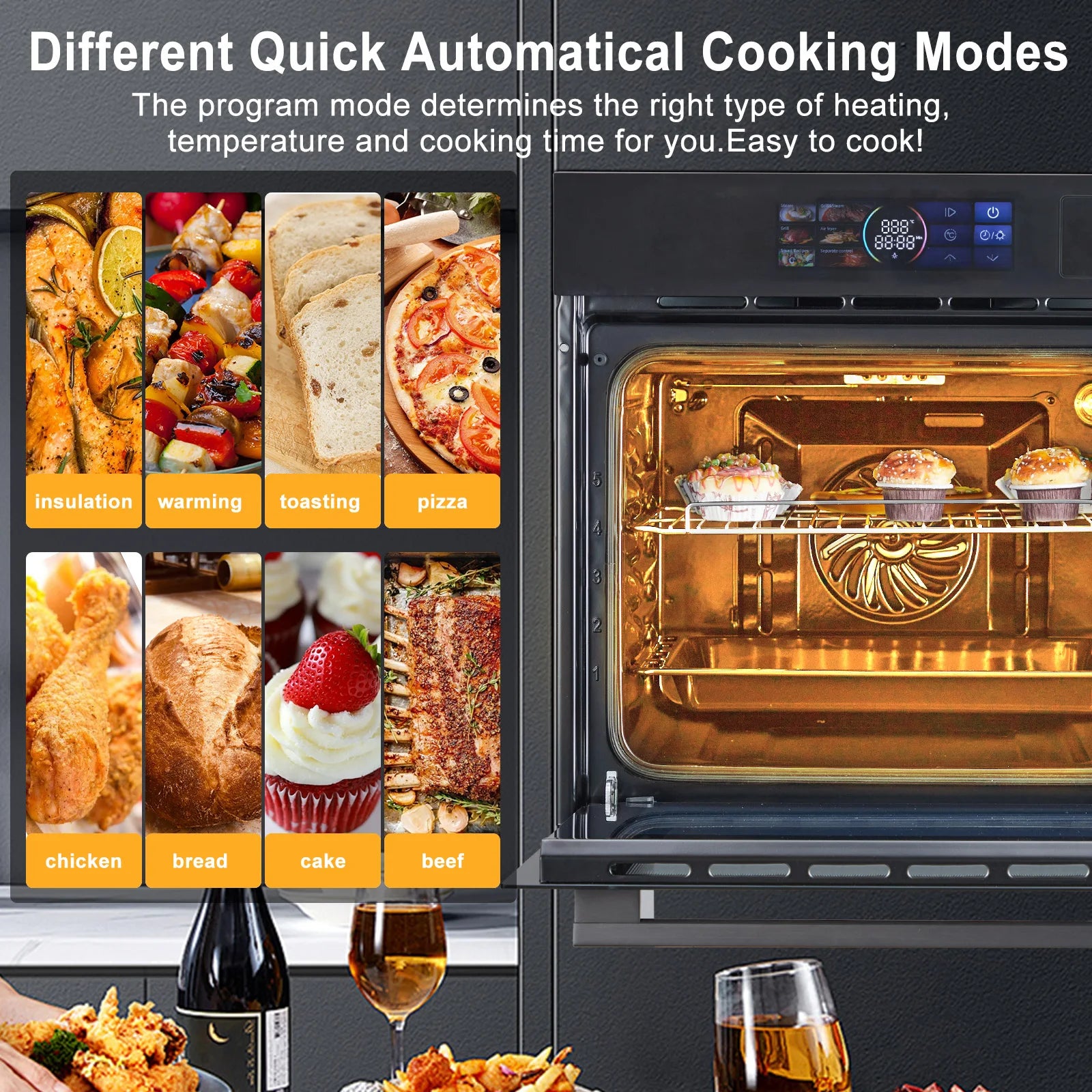 Single Wall Oven 24" 3000W, 8 Baking Modes, w/Air Frying