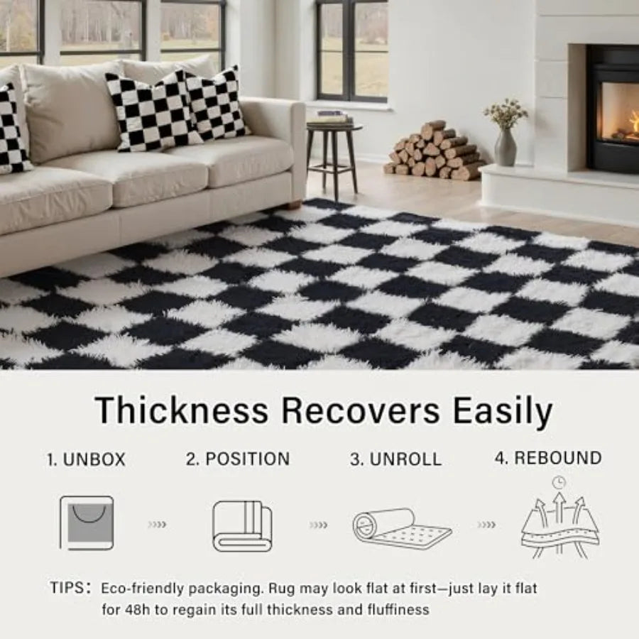 6x9 Checkered Black/ White Shag Washable