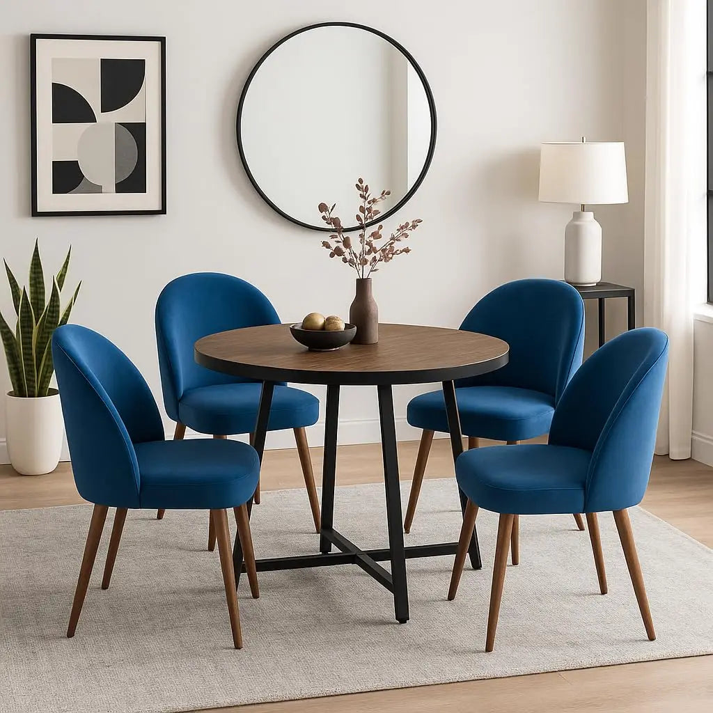 35" 5-Piece Round Wood & 4 Velvet Chairs