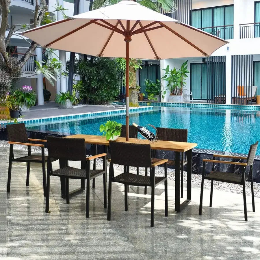 7 Outdoor Patio Rectangle Acacia Wood Rattan Chairs