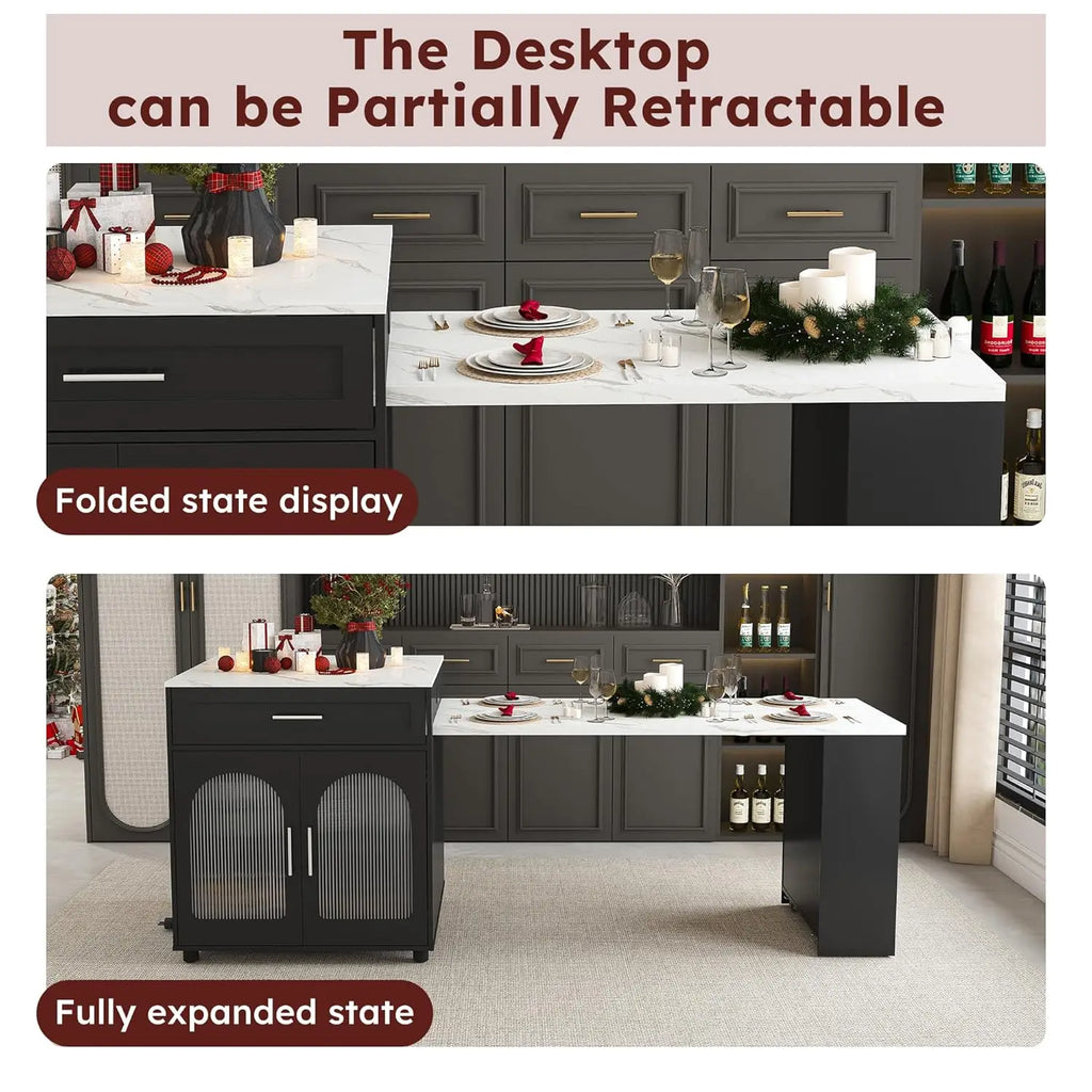 80" Island w/Extendable Marble-Grain to Outlet Rolling