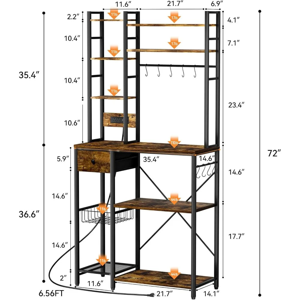 72 Bakers Rack W/Outlet/8-Tier/MW Stand/Coffee Bar