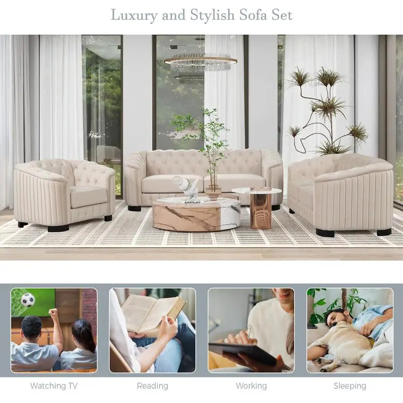 Modern 3-Piece Sofa Set Velvet