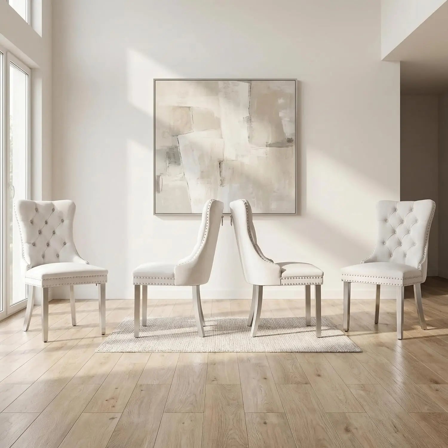 4 Modern Tufted Upholstered Beige Velvet
