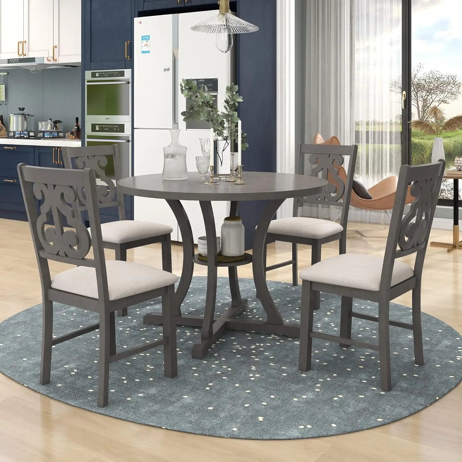 42-58" Farmhouse Set Extendable Wood w/4 Upholstered Chairs